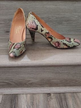 VTG 60s Rosina Ferragamo Schiavone Multi Pink Green Snakeskin Heels Pumps 7 N